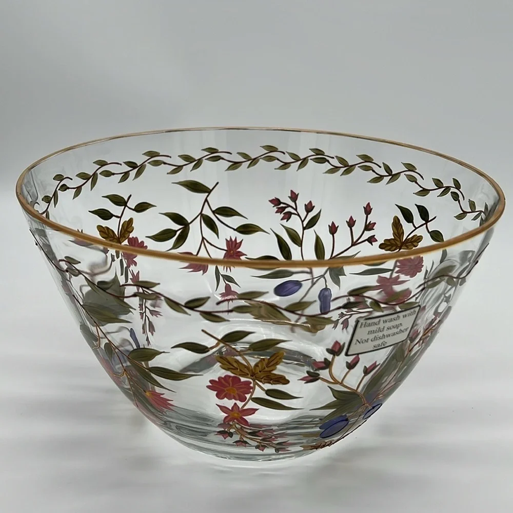 Crystal Clear Industries Hand Painted “Amelia” 11” Bowl With 22kt Gold Floral